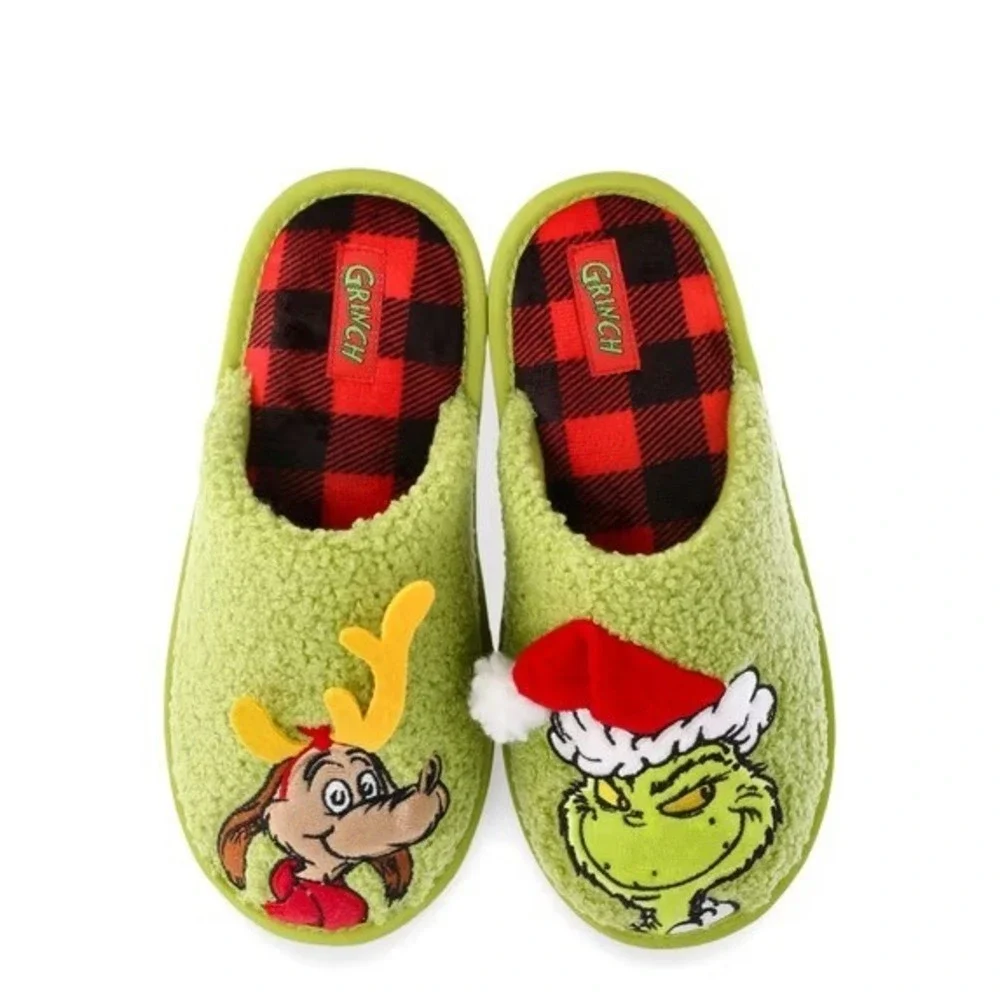 Grinch Kids Scuff Slippers Size 7-8 Green Grinch & Max Slip On Fuzzy Holiday